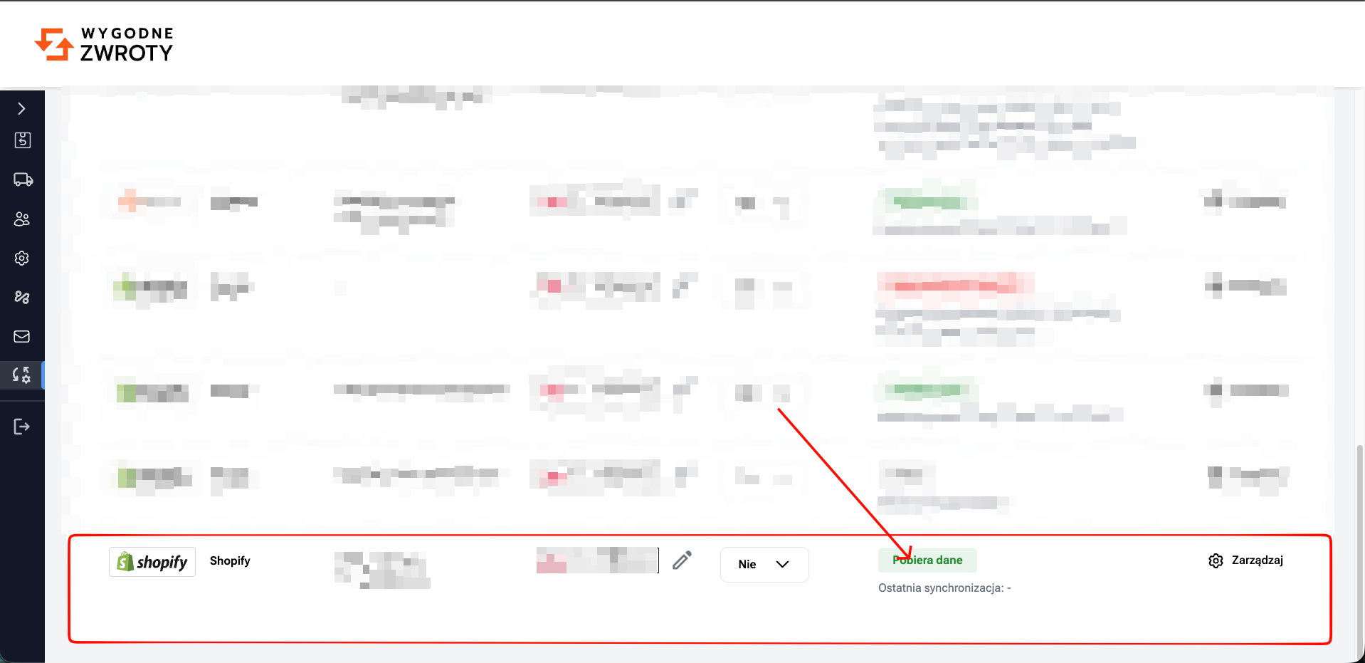 Integracja Shopify widoczna w panelu Wygodne Zwroty