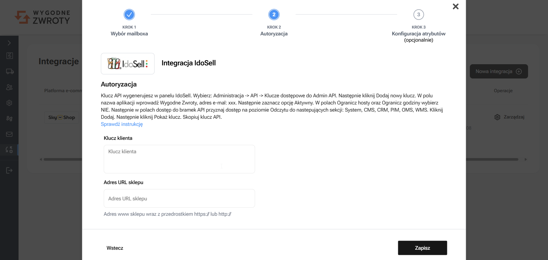 Wprowadź dane integracji IdoSell