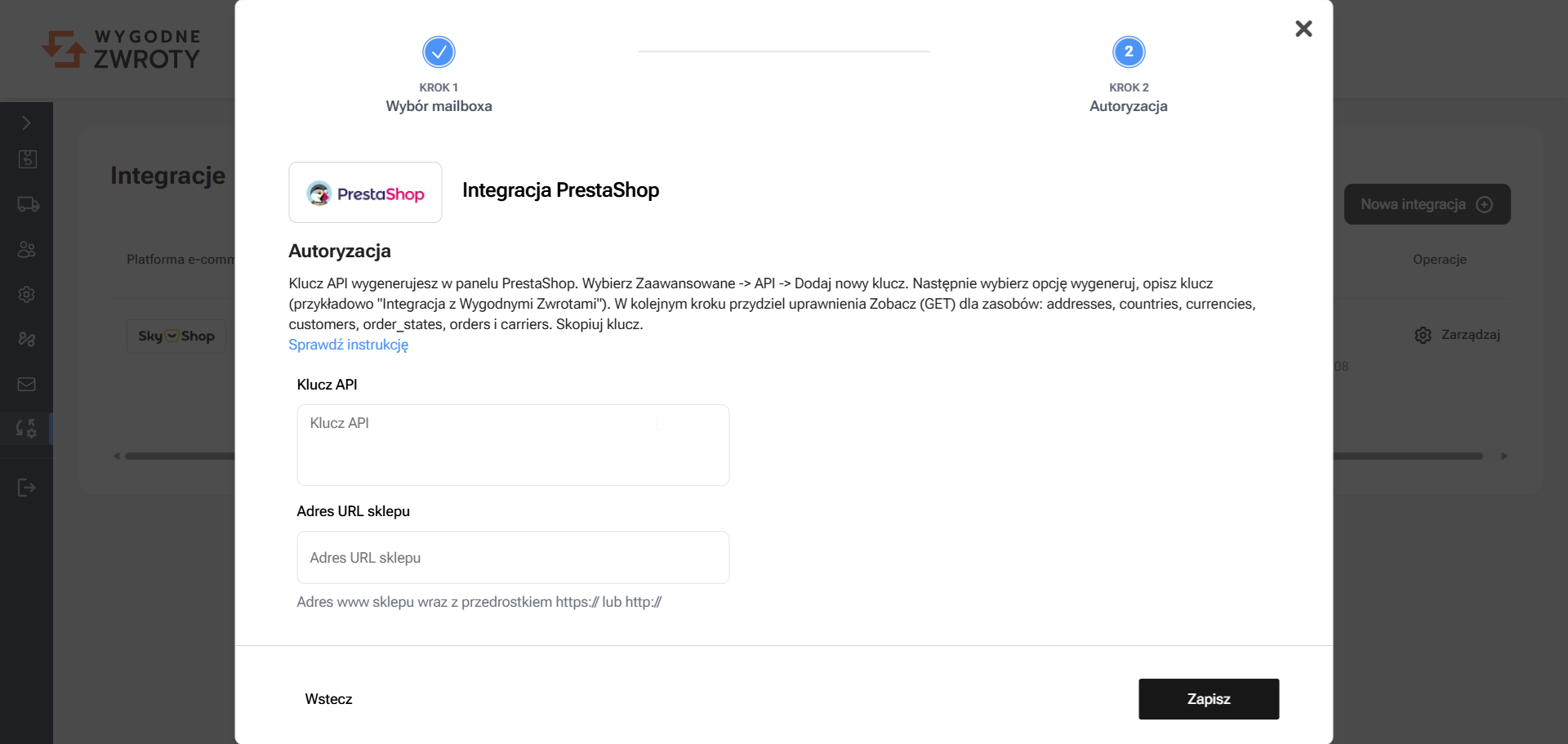 Wprowadź dane integracji PrestaShop