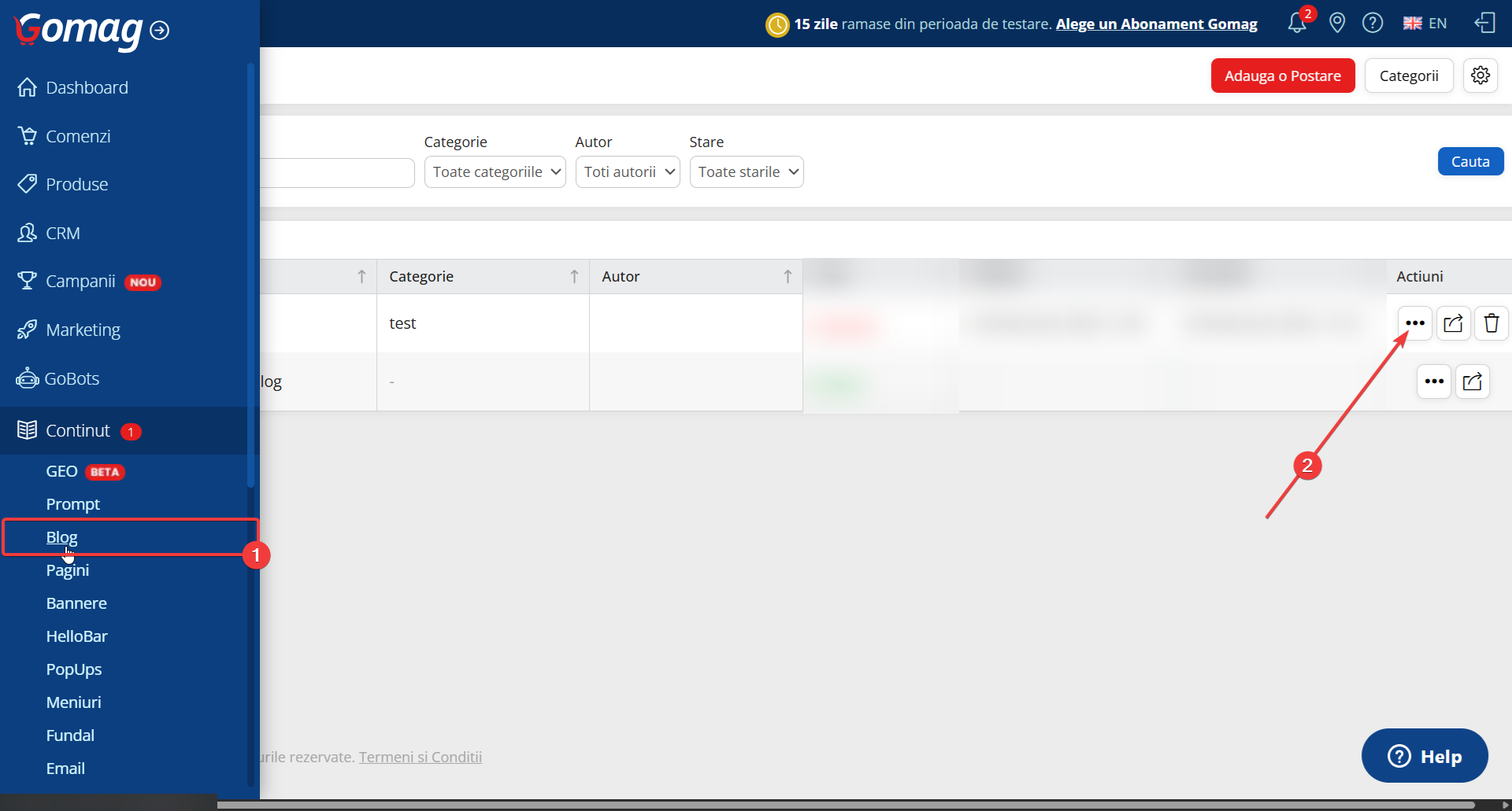 Gomag pas 1 - accesarea secțiunii Blog