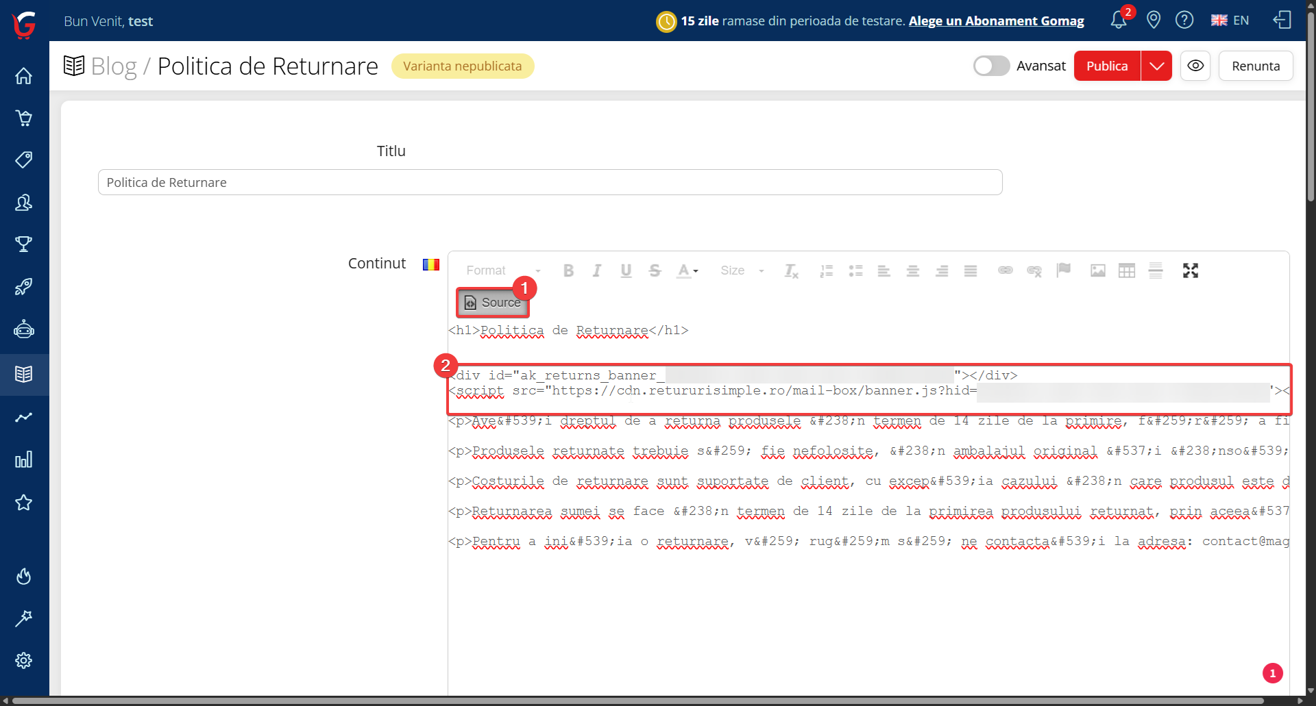 Gomag pas 2 - inserarea codului în modul Source