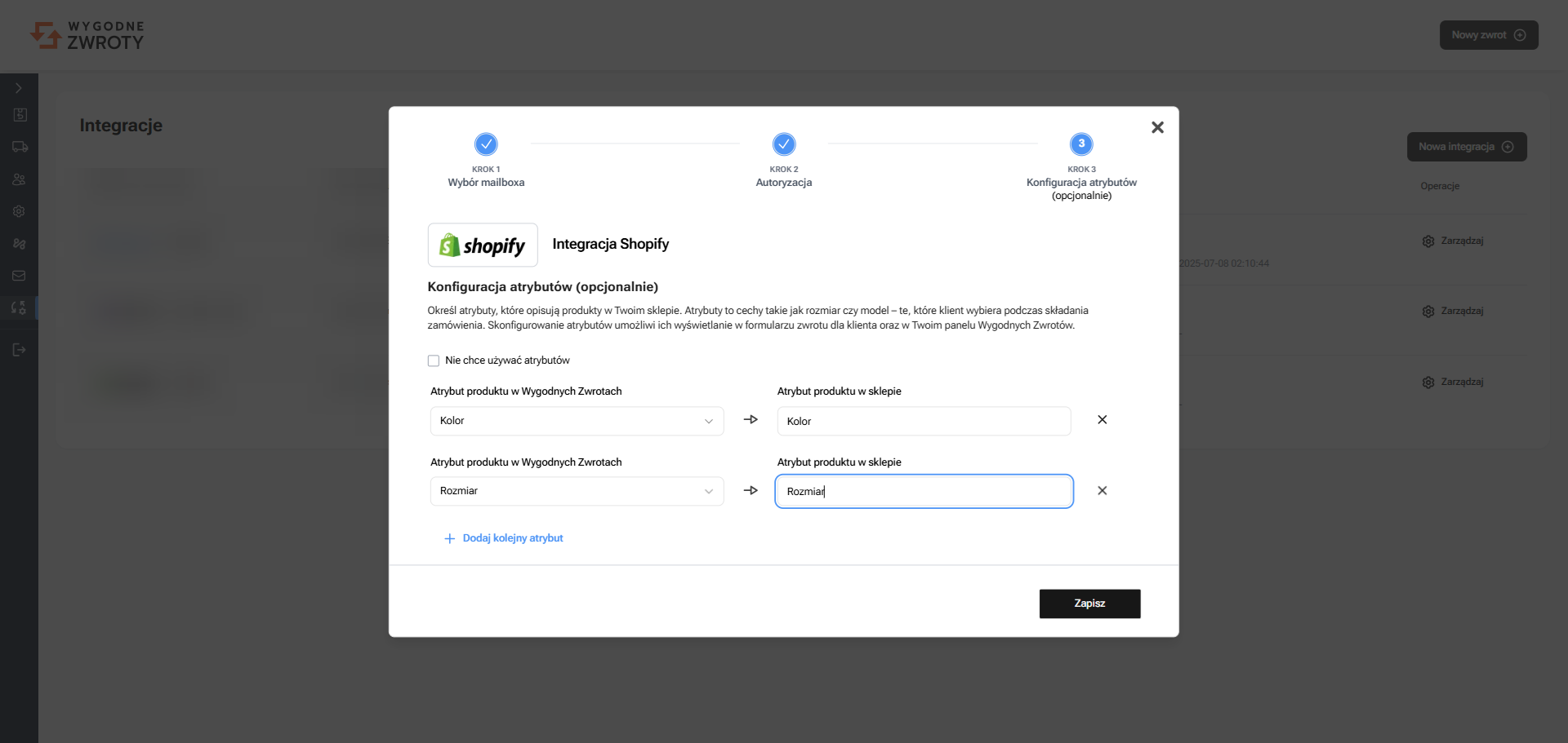 Shopify mapowanie wariantów