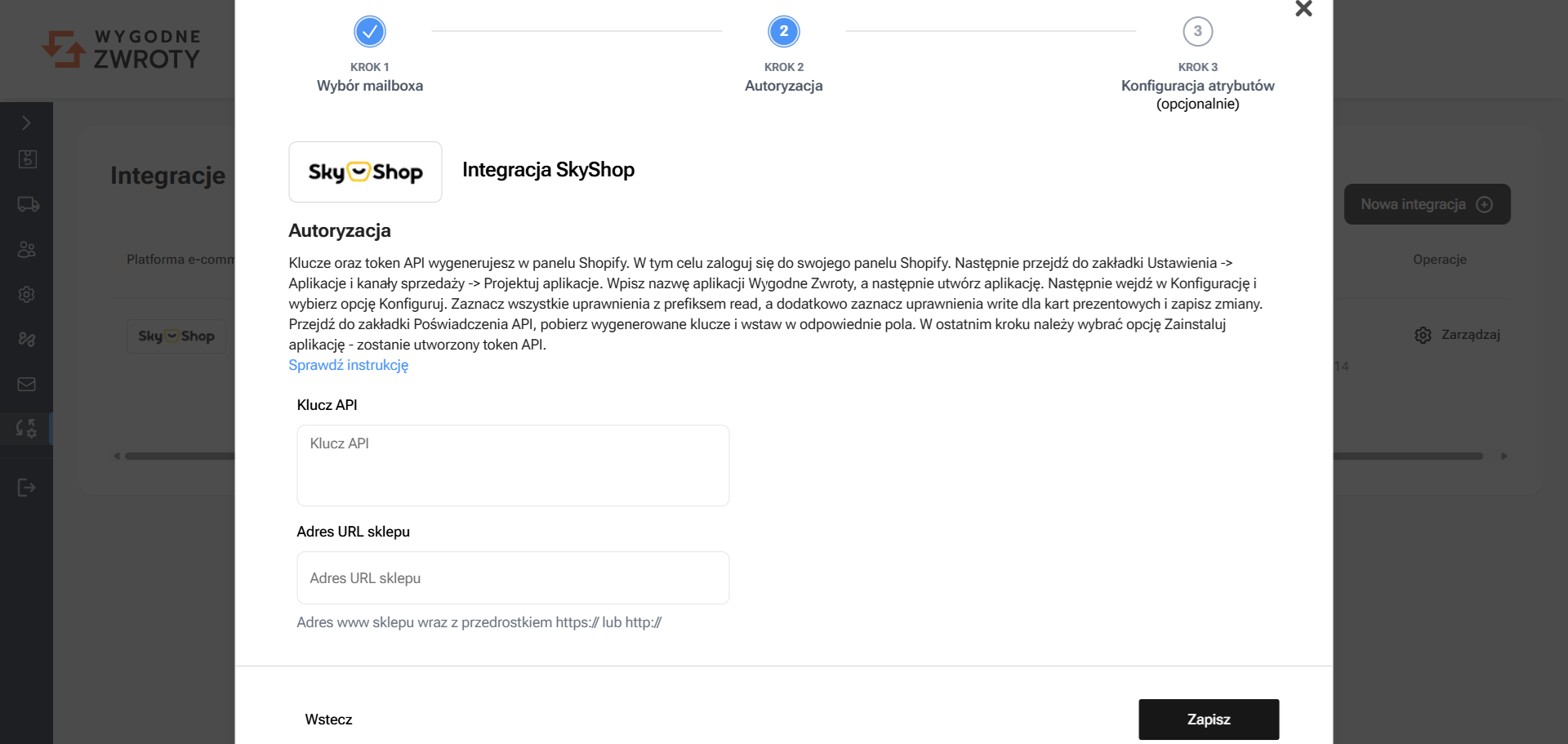 Wprowadź dane integracji Sky-Shop