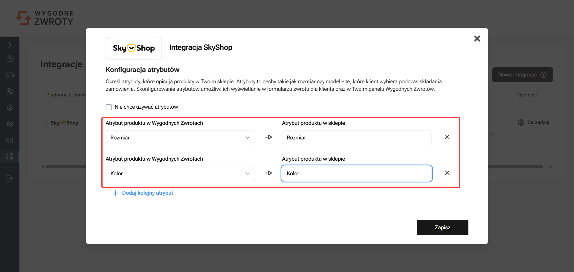 Sky-Shop mapowanie atrybutów